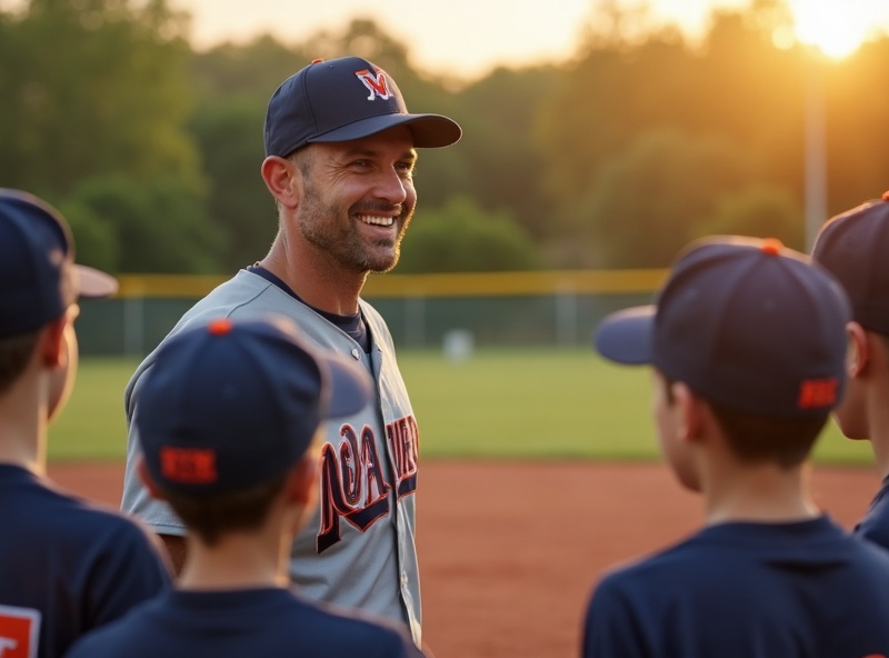 A youth baseball coach mentoring young players on a sunny field