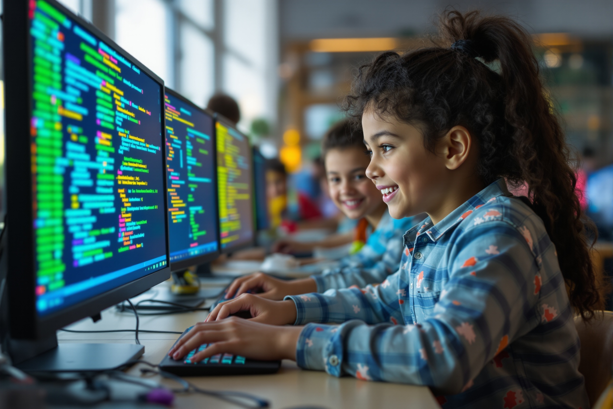 Enfants apprenant la programmation avec COD'ÂGES - cours programmation enfant gratuit dans une salle de classe moderne avec écrans colorés et code interactif