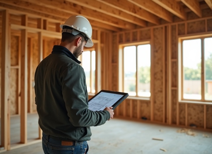 Construction professional using HomeView digital scanning technology inside a house under construction