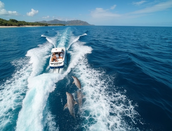 Bottlenose dolphins swimming alongside boat Mauritius