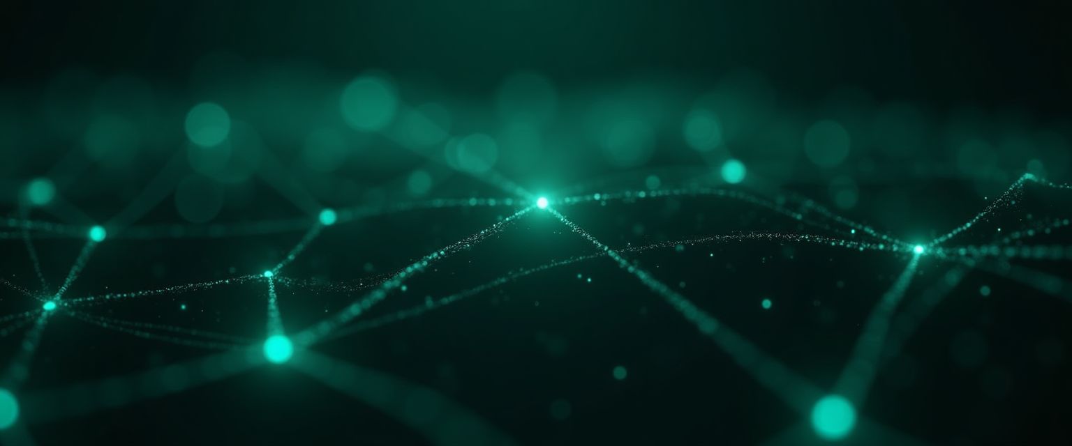 Abstract dark cybersecurity network topology with glowing teal circuit board lines