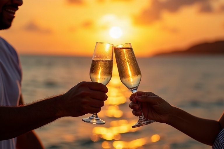 Couple toasting at sunset on a Mauritius catamaran