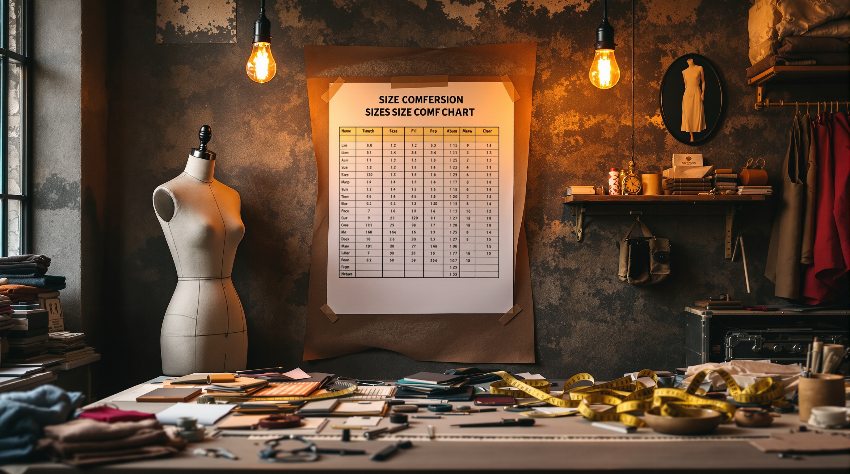 Person measuring a garment with a tape measure on a clean desk with size charts visible