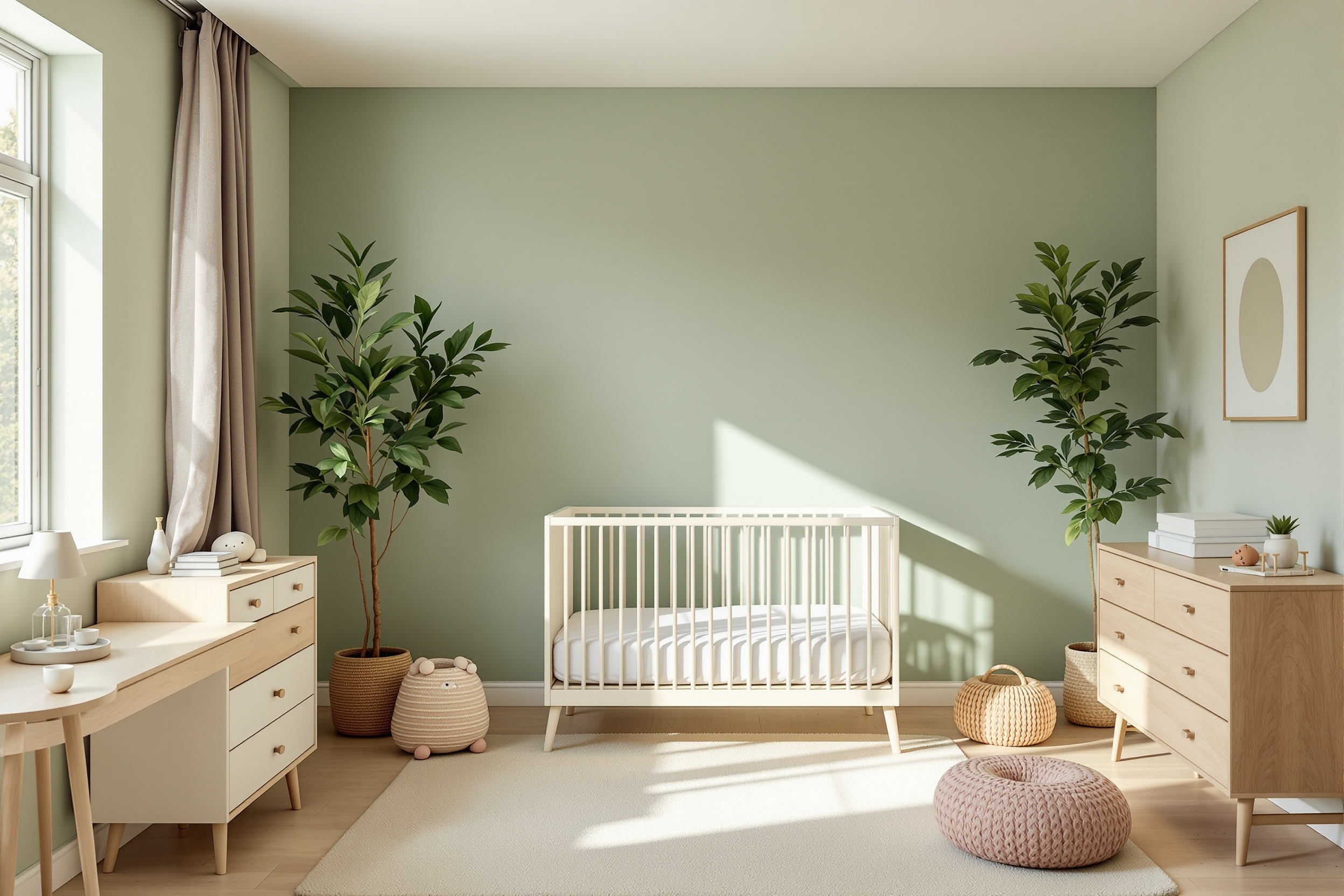 Modern baby nursery with sage green accents