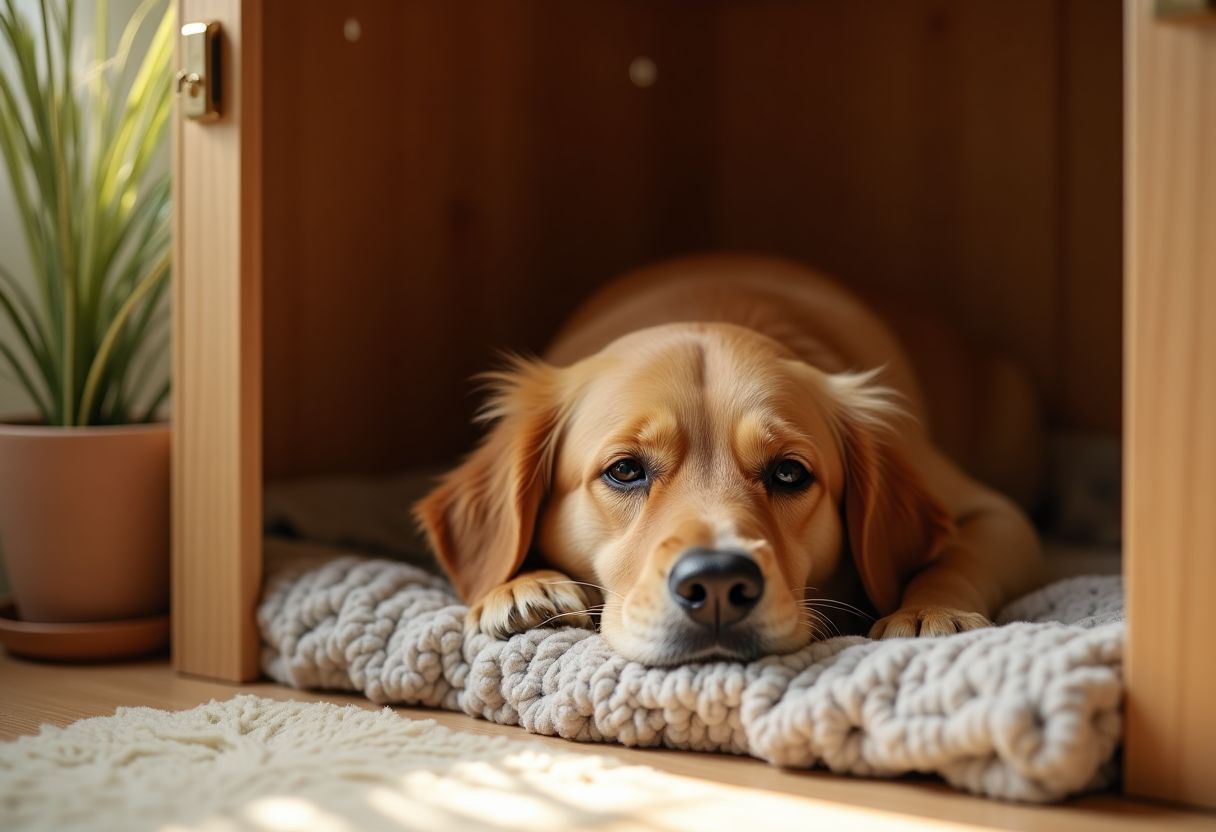 Dog resting peacefully in kennel