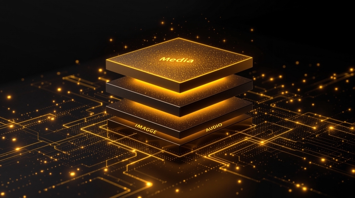 Multimodal Content Excellence - Optimizing text, images, video and audio for AI Layered gold media panels representing text, image, video and audio assets connected for multimodal AI content optimization