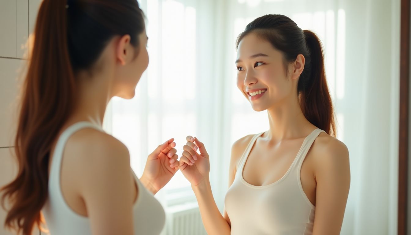 産後体型を確認するママ