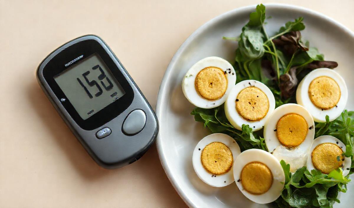 Blood glucose monitor displaying a reading beside a keto-friendly plate of avocado, boiled eggs and greens representing ketogenic diet management for diabetes