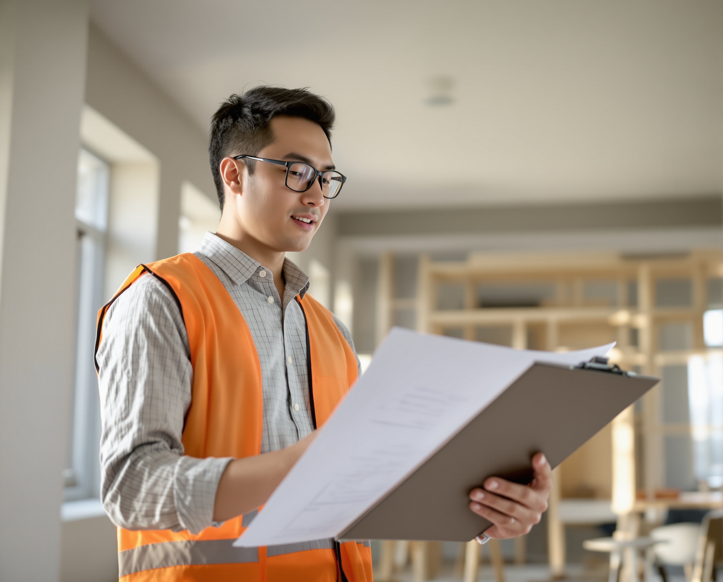 Japan Homes project manager reviewing plans on site