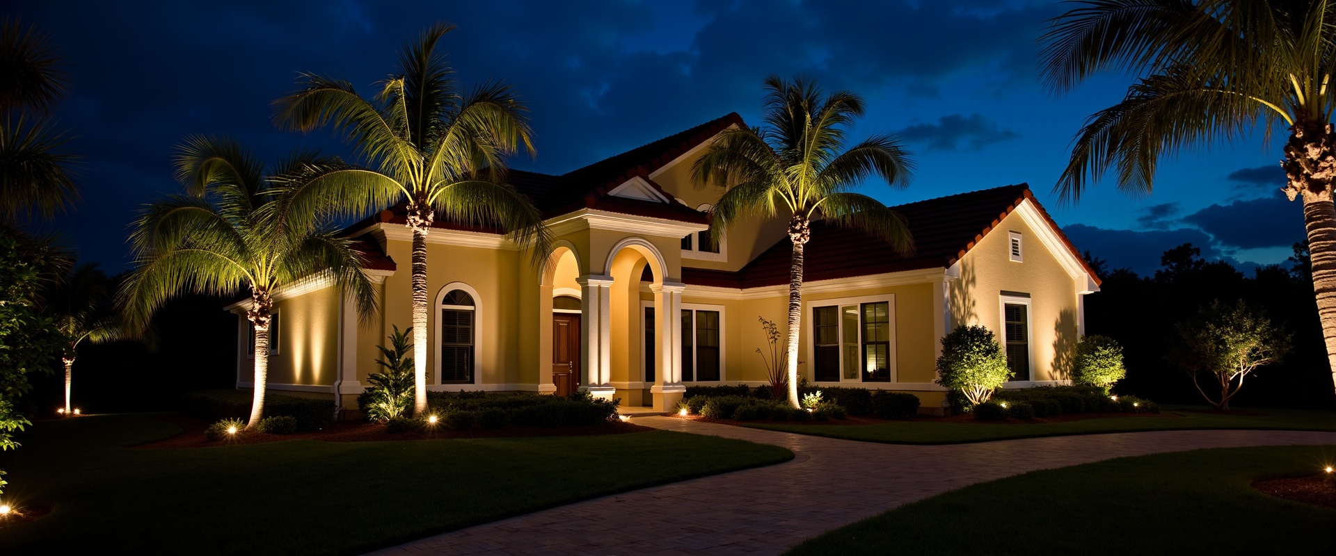 Professional landscape lighting illuminating tropical Florida property at night