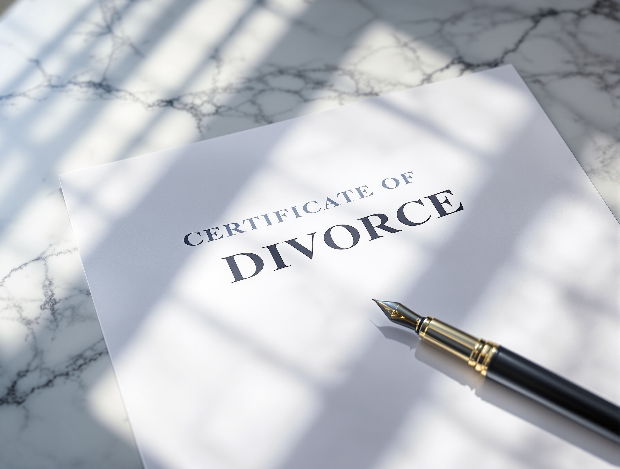 Certificate of Divorce on marble table with sunlight