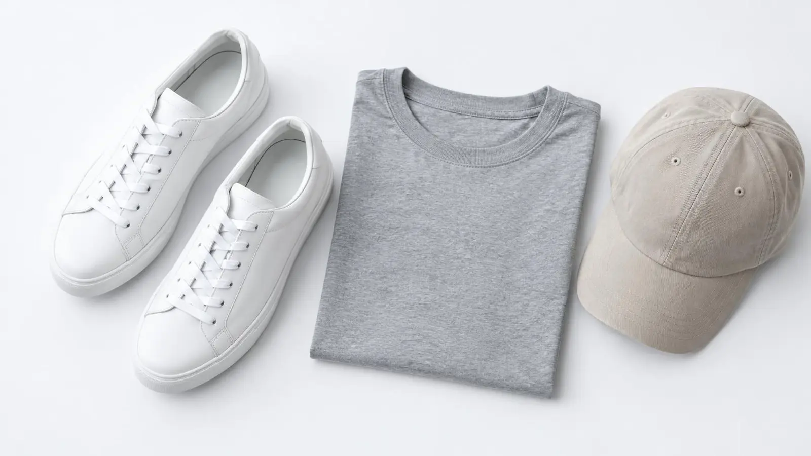 Two plain unbranded white sneakers with a folded grey tee and a plain cap on a cool white surface