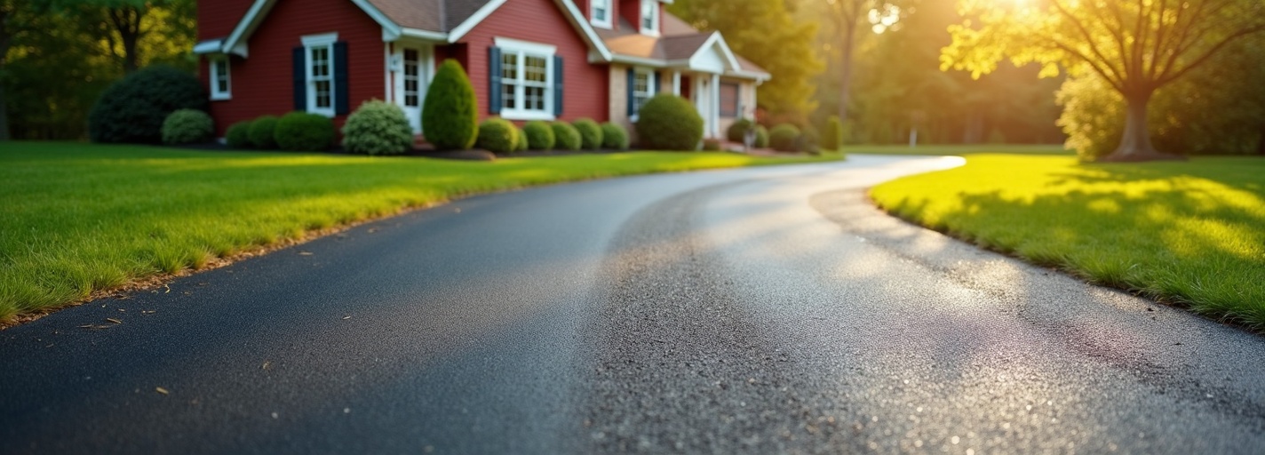 Freshly paved asphalt driveway in New England suburban setting
