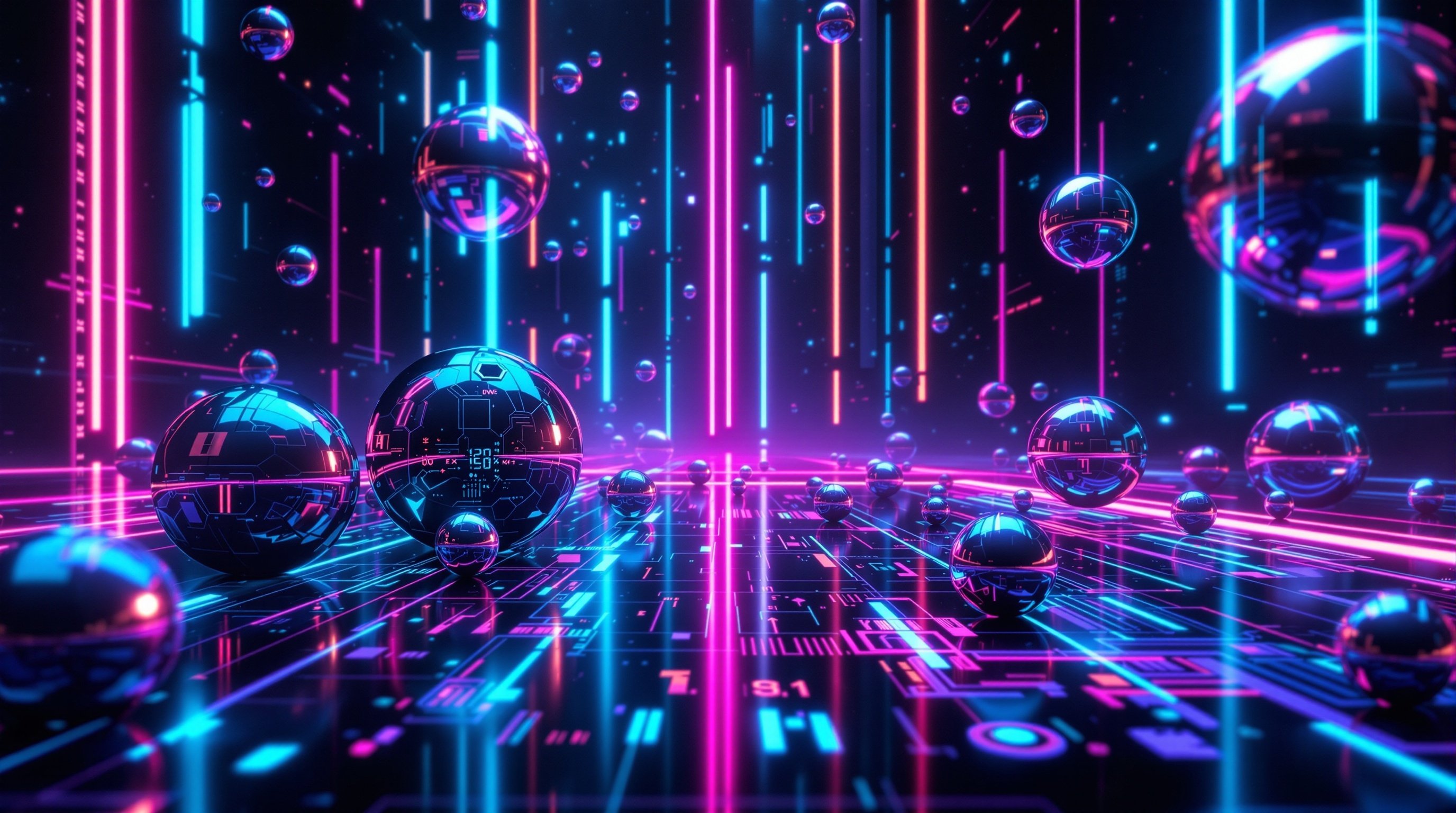 Y2K digital aesthetic abstract artwork with metallic spheres and holographic light