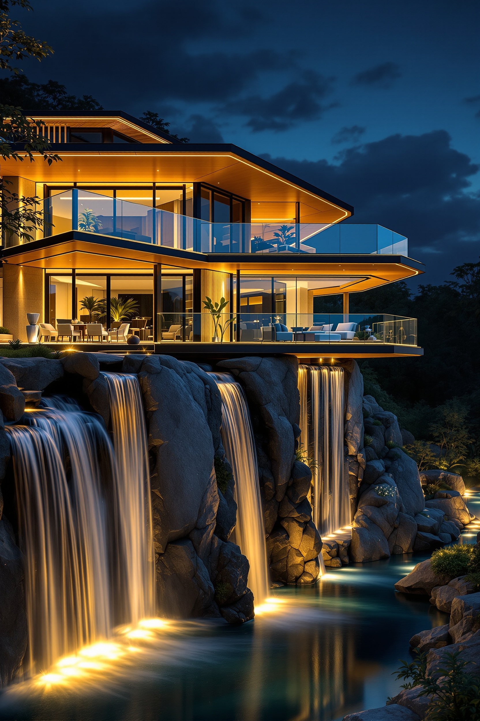 Luxury villa with frameless glass balustrade and waterfall in Dubai