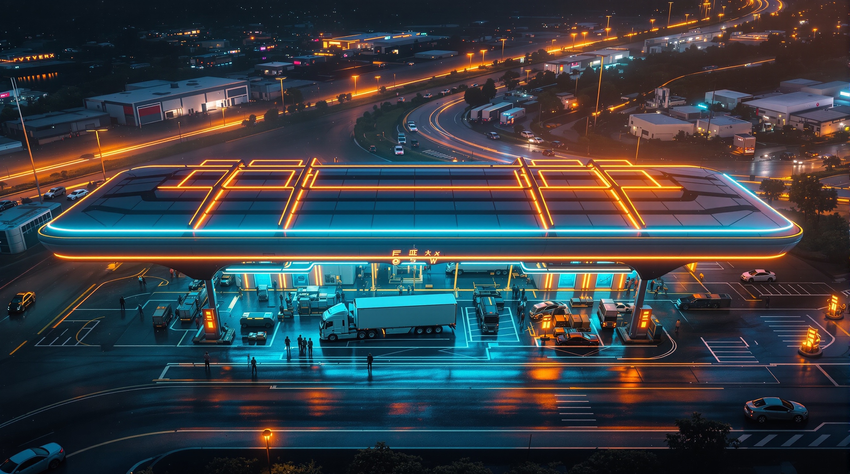 Futuristic Trident Truck Port aerial view