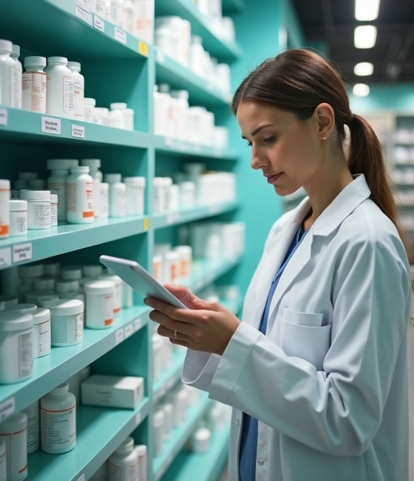 Farmacéutico organizando medicamentos