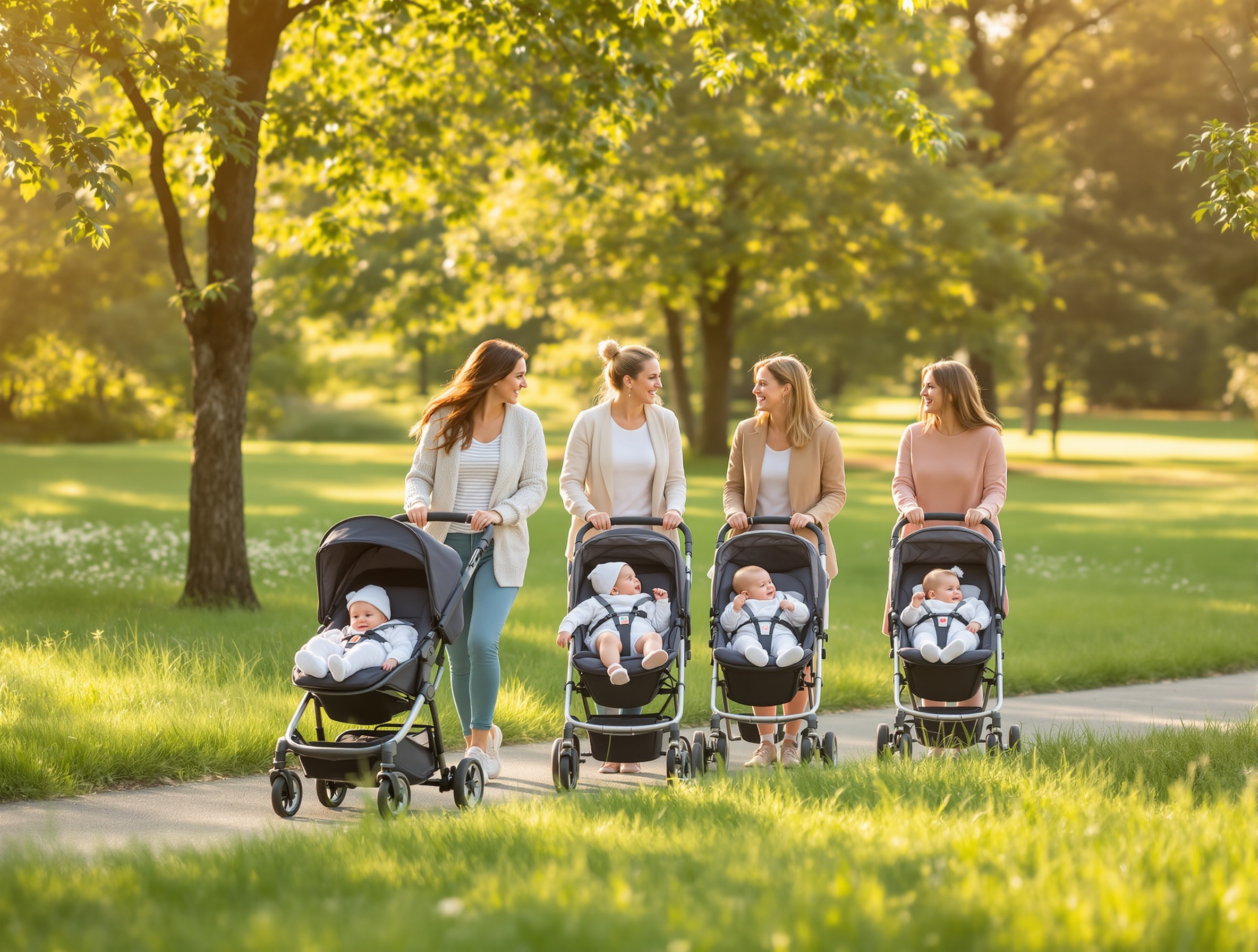 Mums walking together in the park with prams