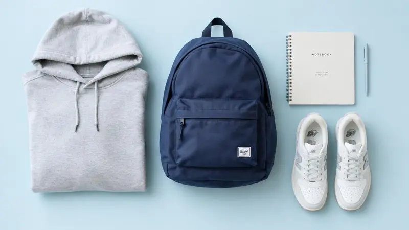 Campus-Outfit flach gelegt mit Hoodie, Rucksack und Sneakers