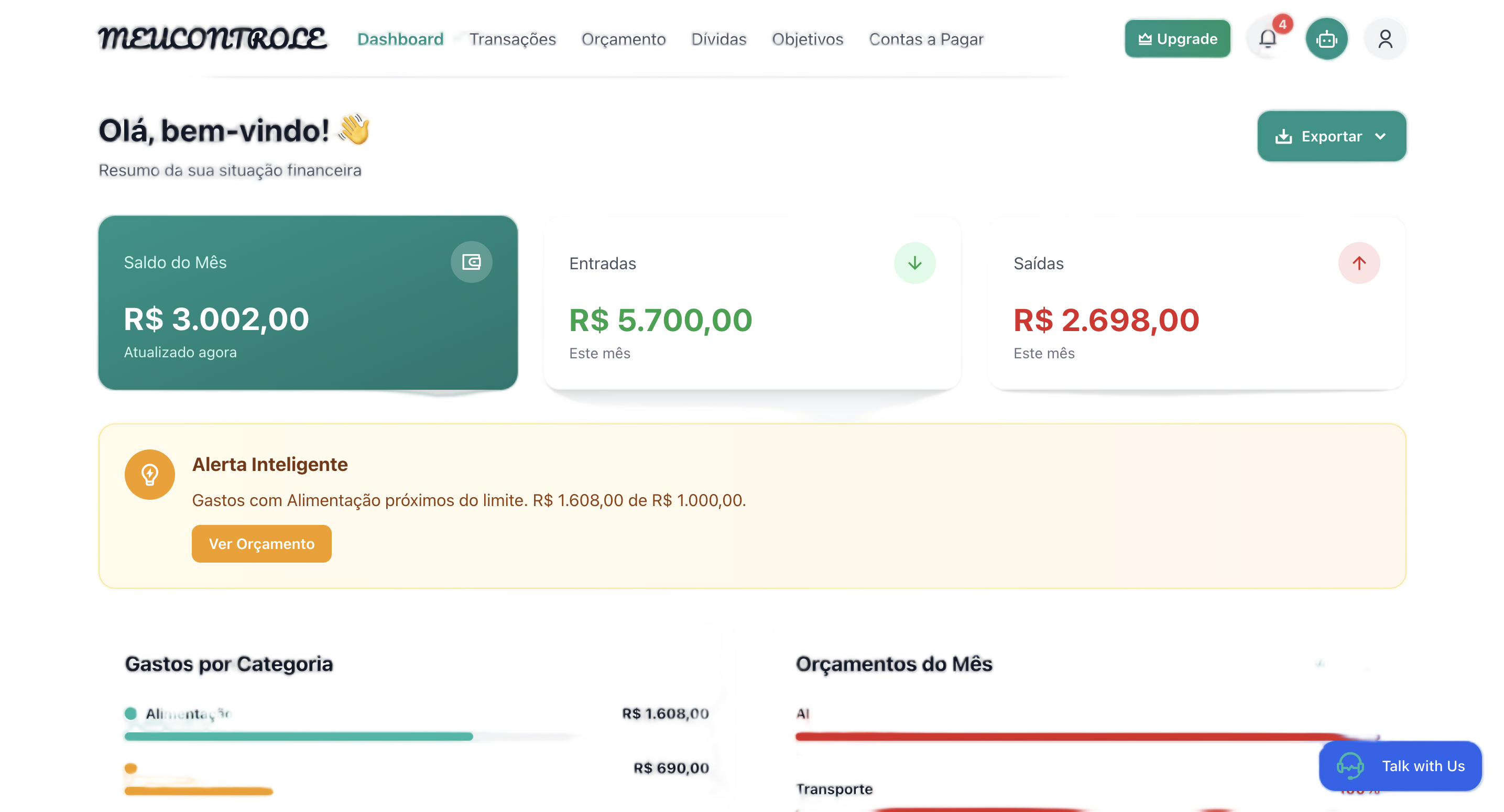 Dashboard do MEUCONTROLE