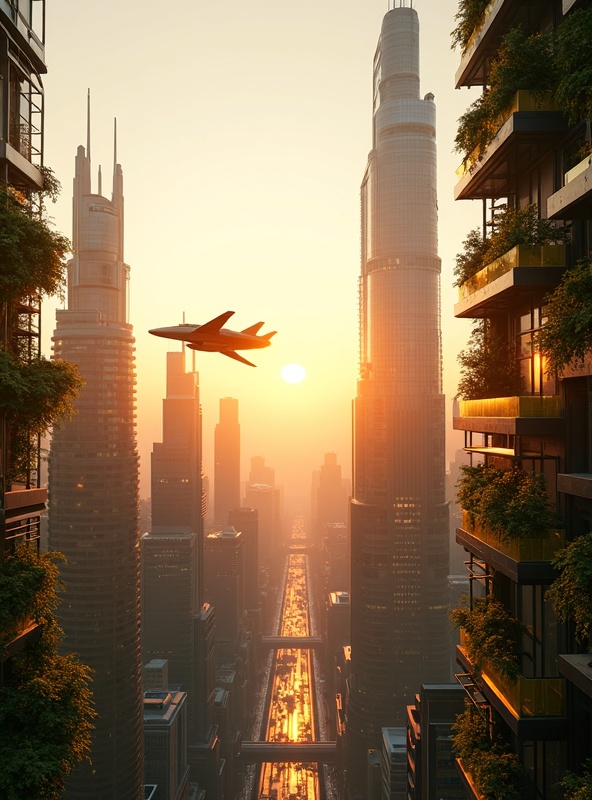 Futuristic megacity at golden hour with vertical gardens and flying vehicles