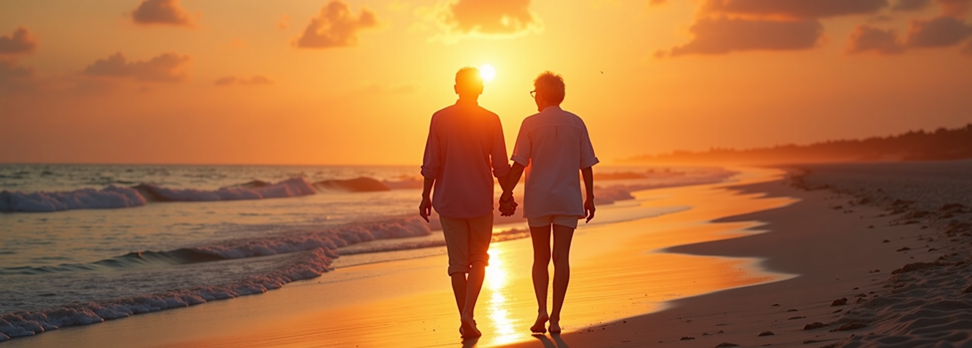 Senior couple walking on beach at sunset, free from timeshare burden