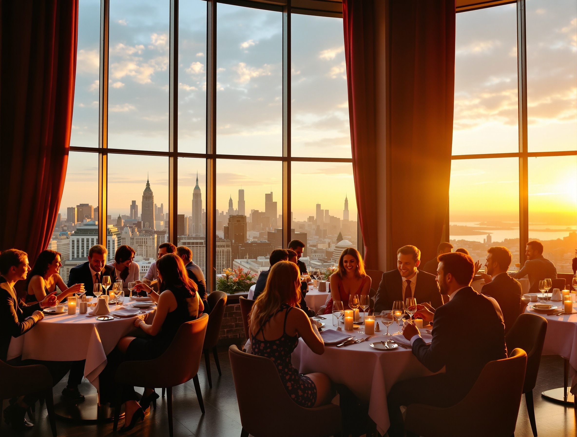 Elegant restaurant with city skyline view at golden hour