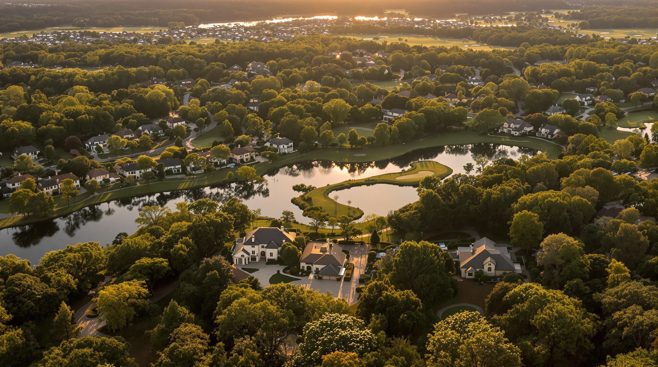 Aerial view of The Woodlands Texas luxury neighborhood with mature tree canopy and lake at golden hour
