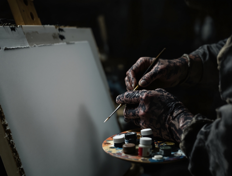 暗いアトリエの中で、使い込まれた絵の具とパレットを手に持ち、1筆1筆を噛みしめるように真っ白なキャンバスに向き合っている画家の手元と横顔のカット。