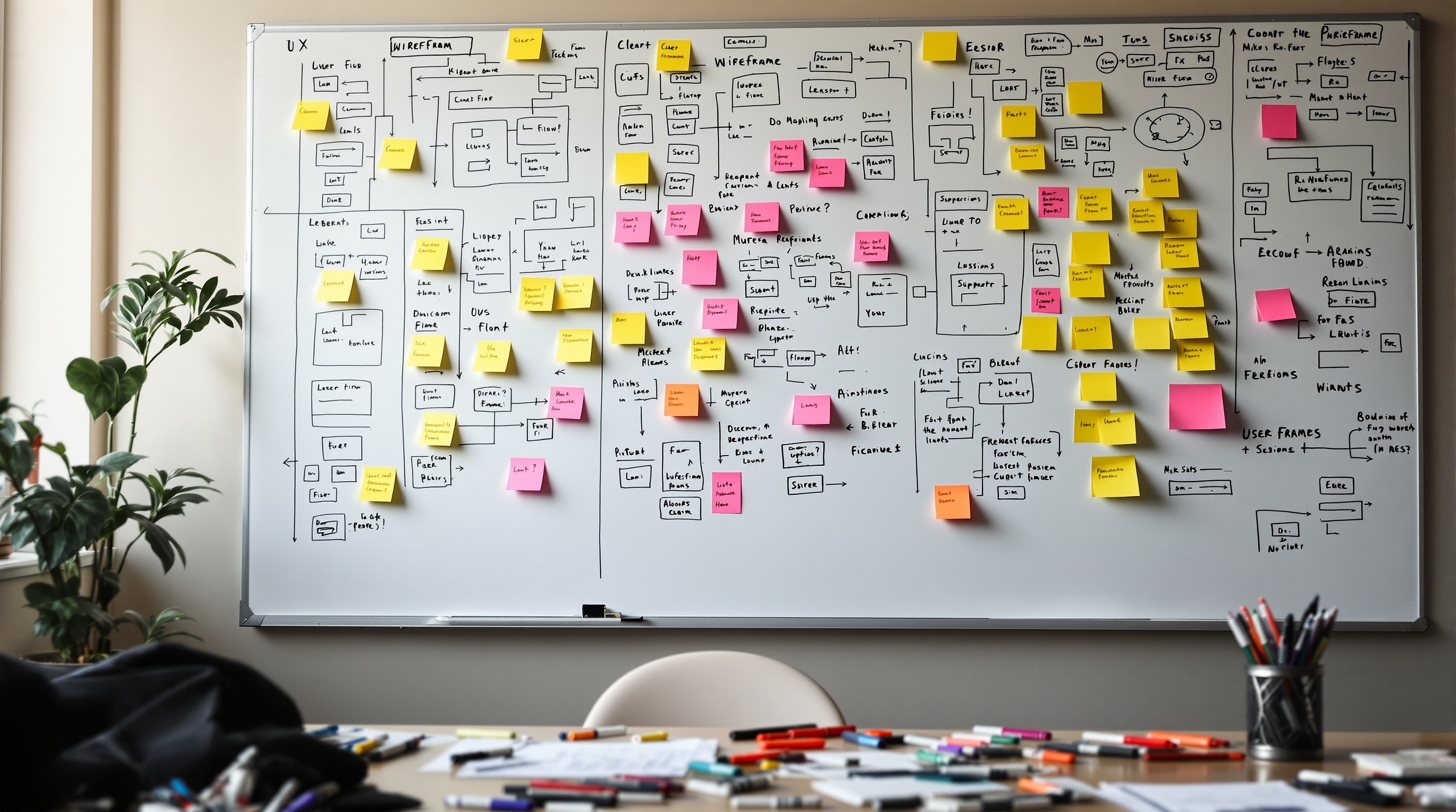 UX design whiteboard with wireframes and sticky notes