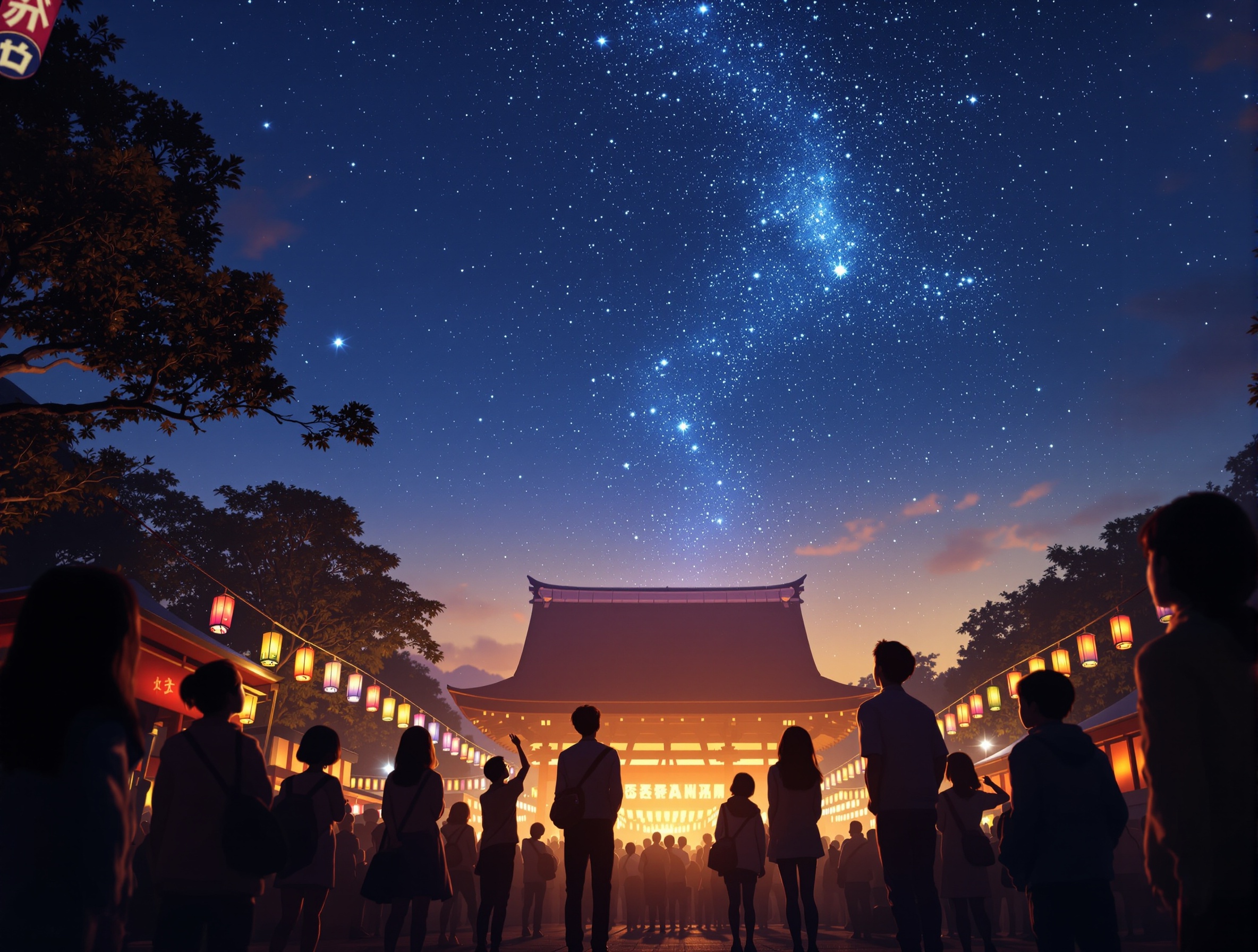 賑やかなお祭りが終わった後の静かな境内で、やりきった表情で夜空を見上げる若者たちのシルエット。「動いた後にこそ、本当の意味が生まれる」という、本質的なプロセスの美しさと心の充実感を表現。