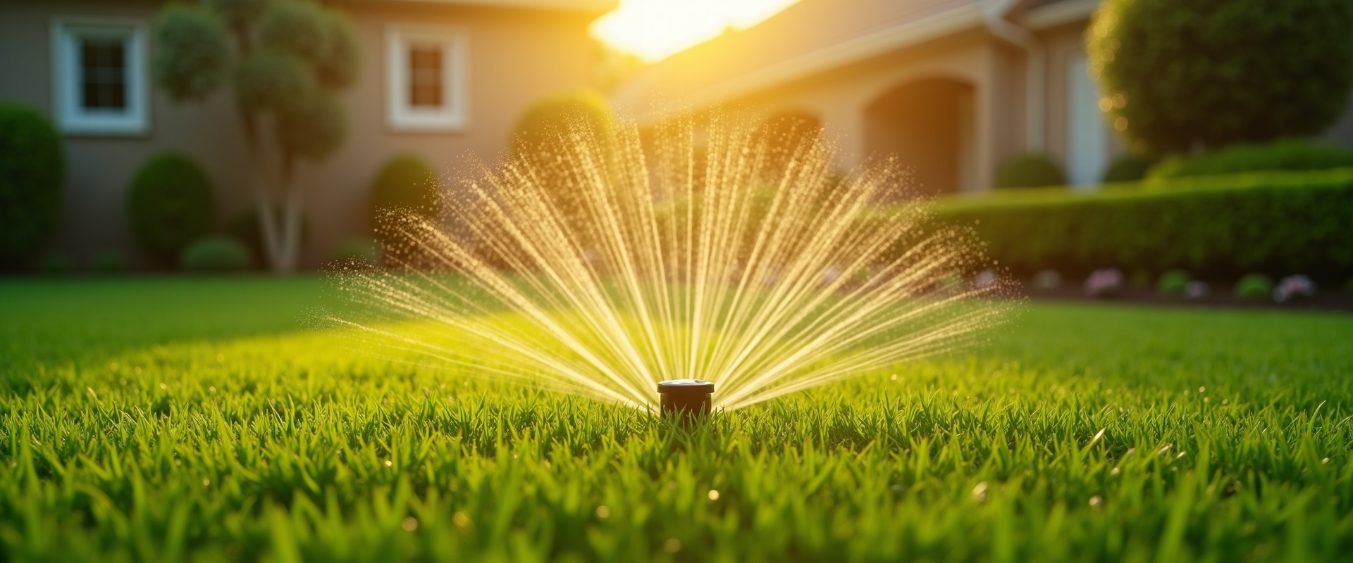 Lush green sod lawn with sprinkler watering in Bradenton Florida