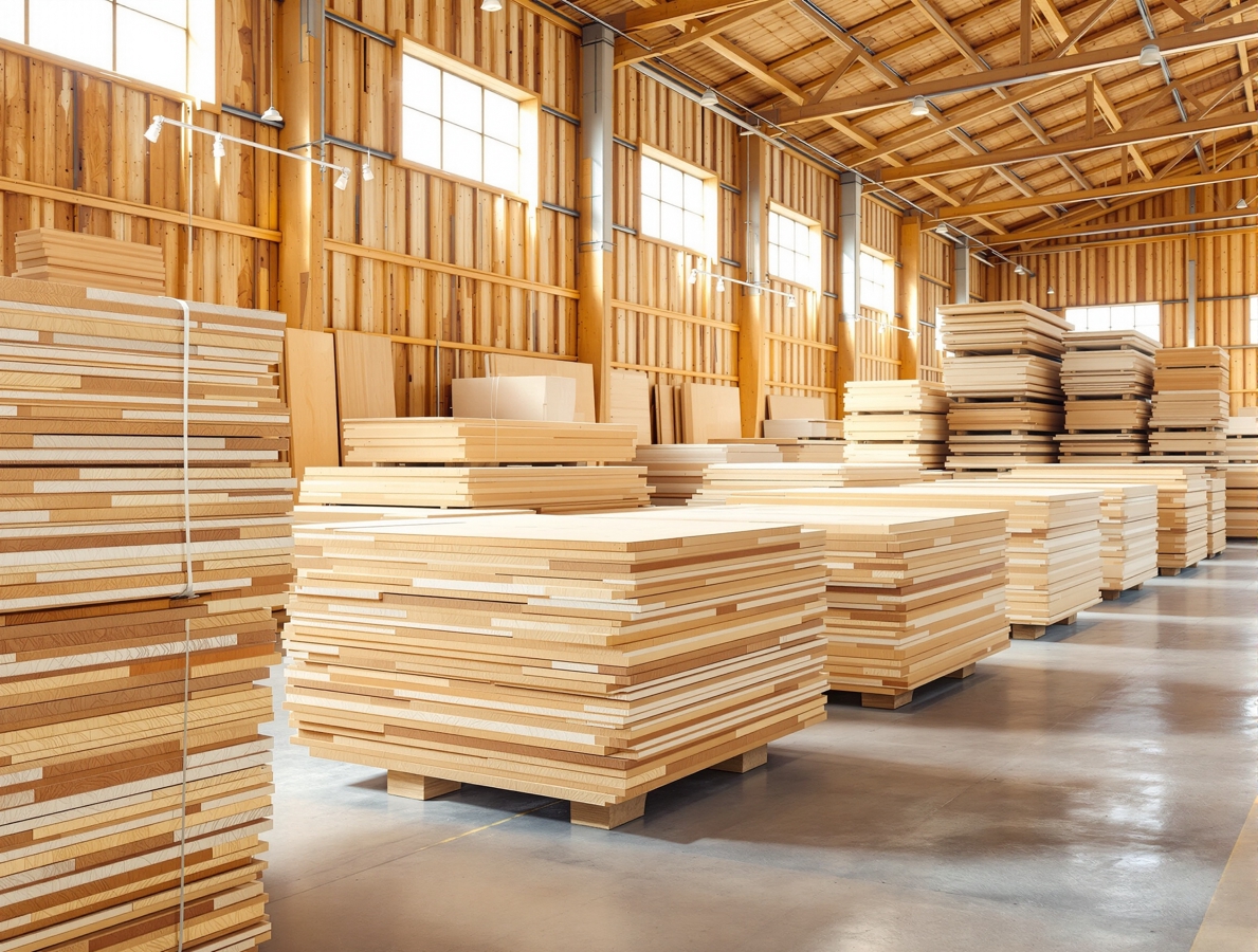 Bir kereste deposunda düzgün istiflenmiş kereste, OSB ve plywood