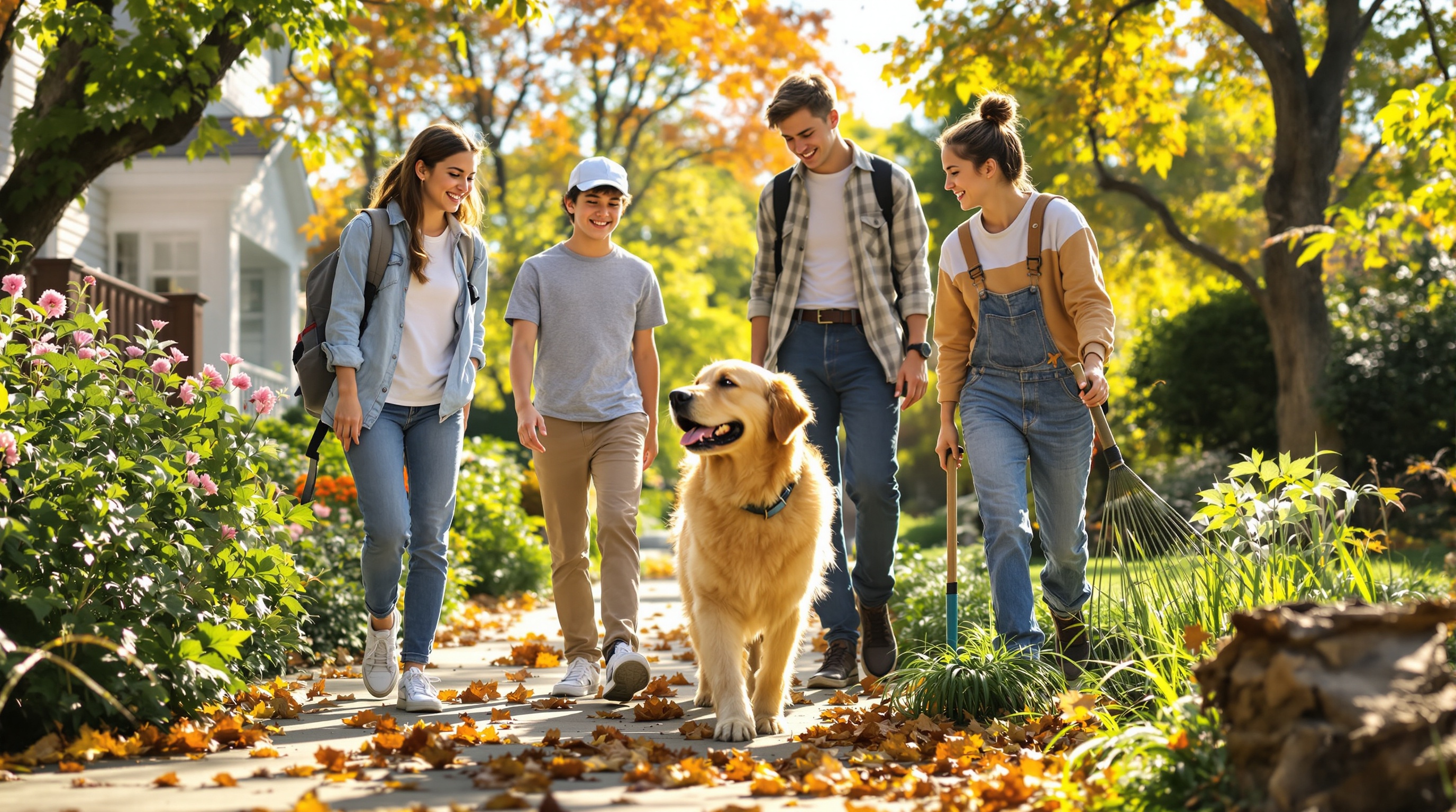 Diverse teens aged 14–19 doing safe local jobs including tutoring, pet care, and yard work