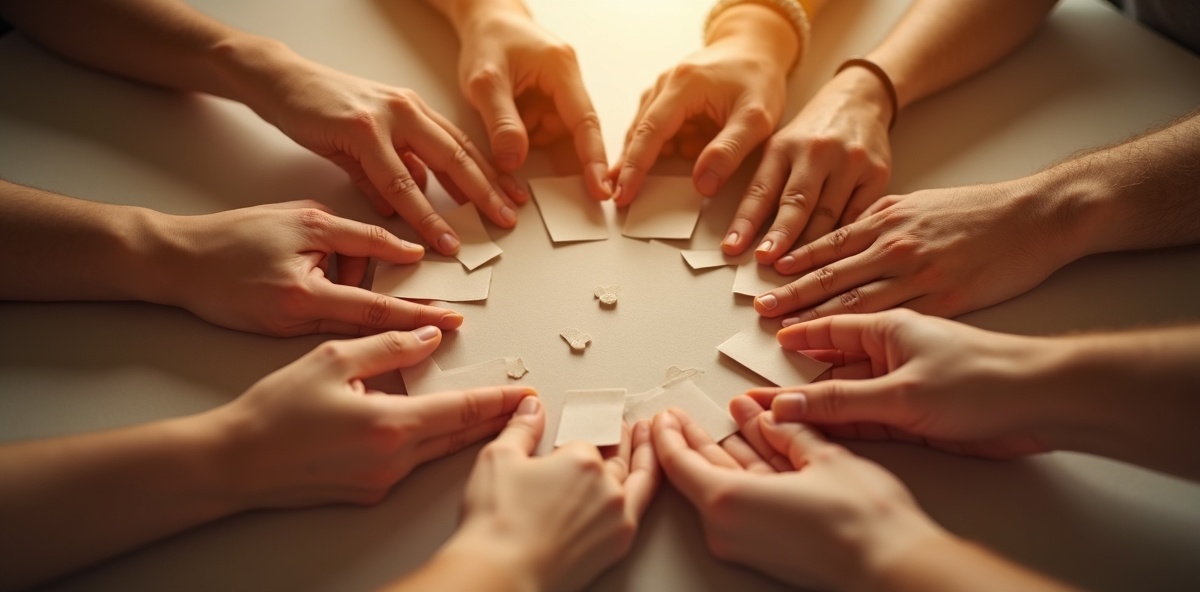Diverse hands forming circle holding braille cards