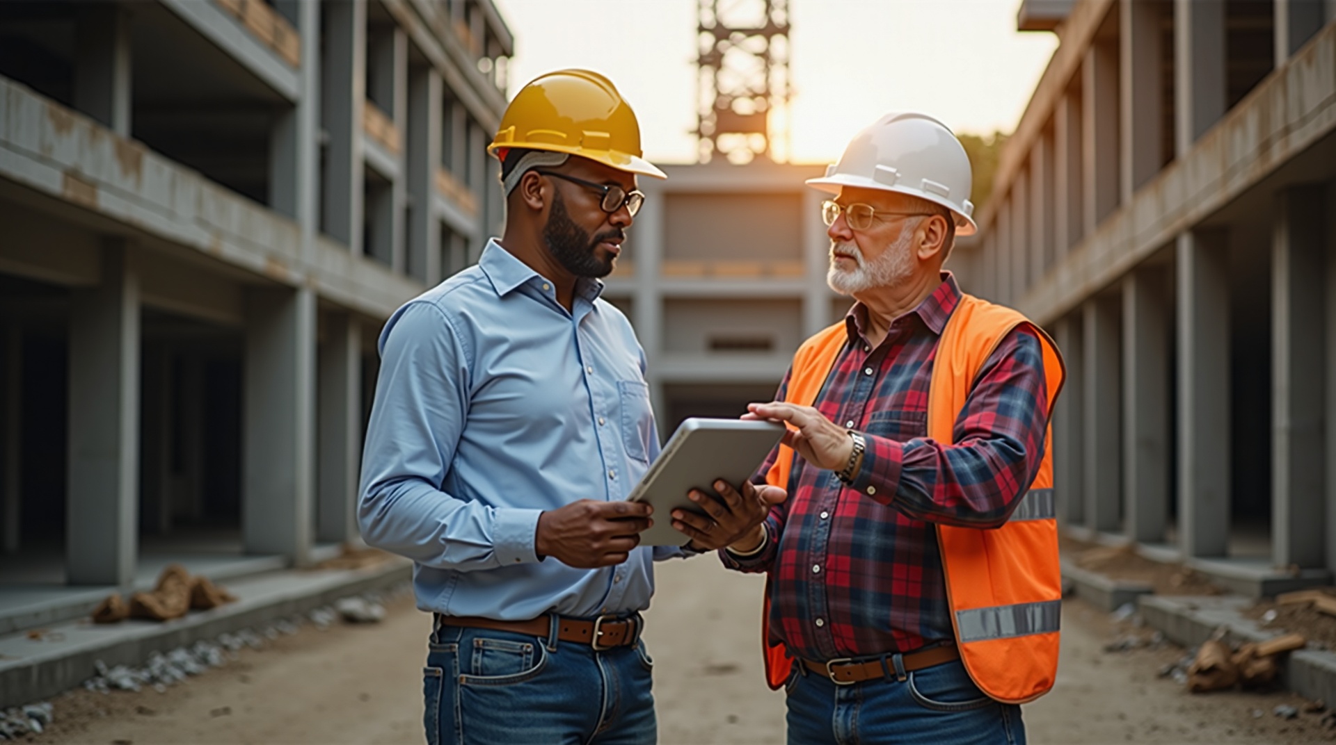 African American financial consultant meeting with older construction business owner on job site