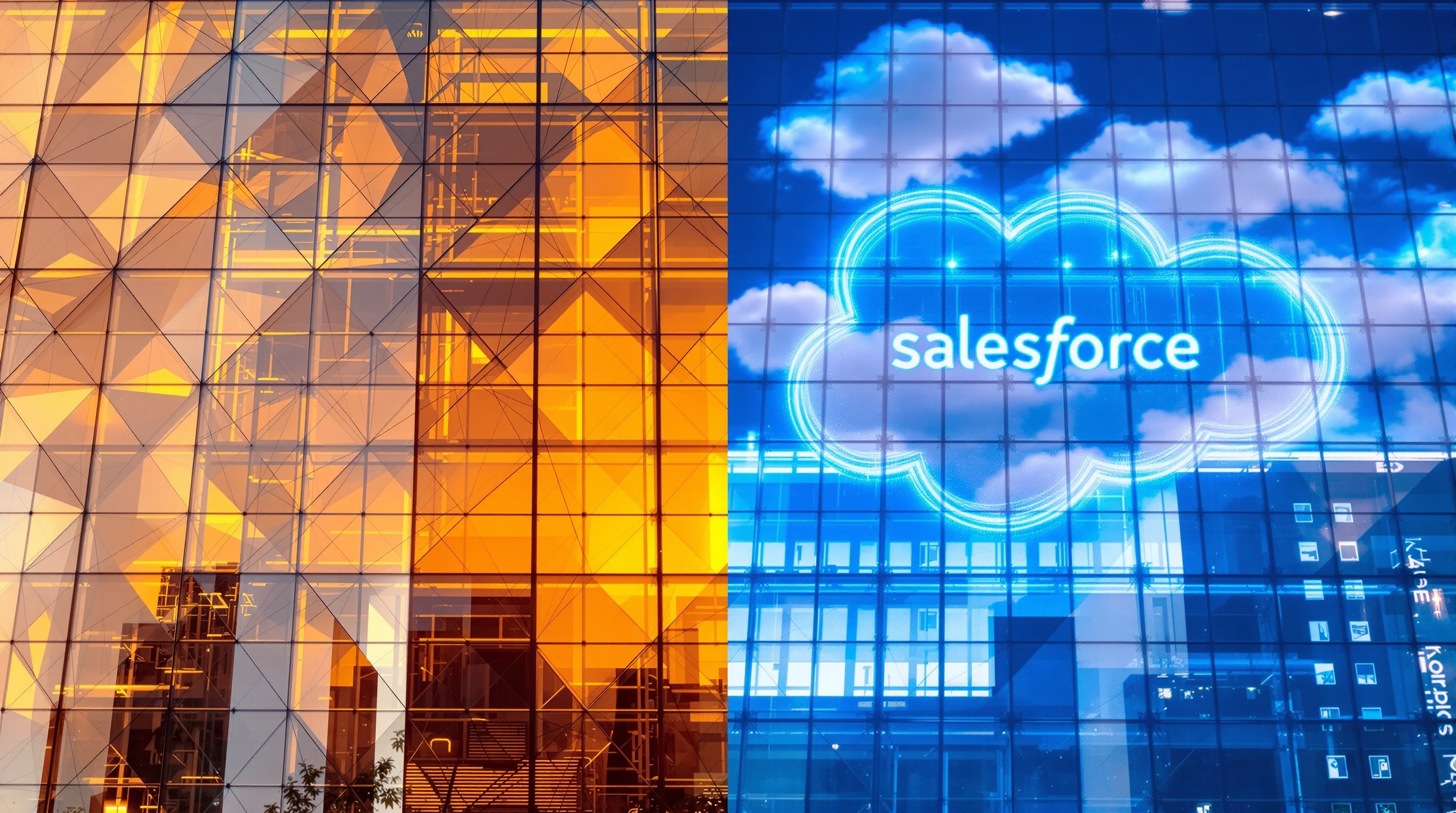 Abstract split-screen visualization comparing Creatio and Salesforce platforms