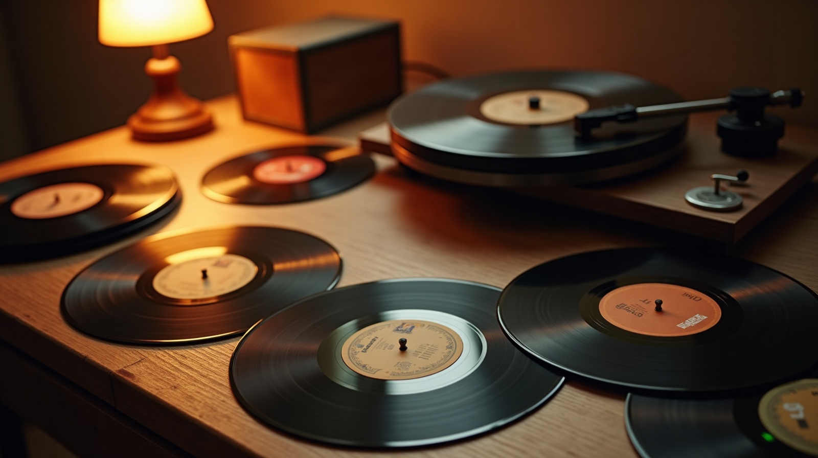 Vinyl records and turntable on wooden table