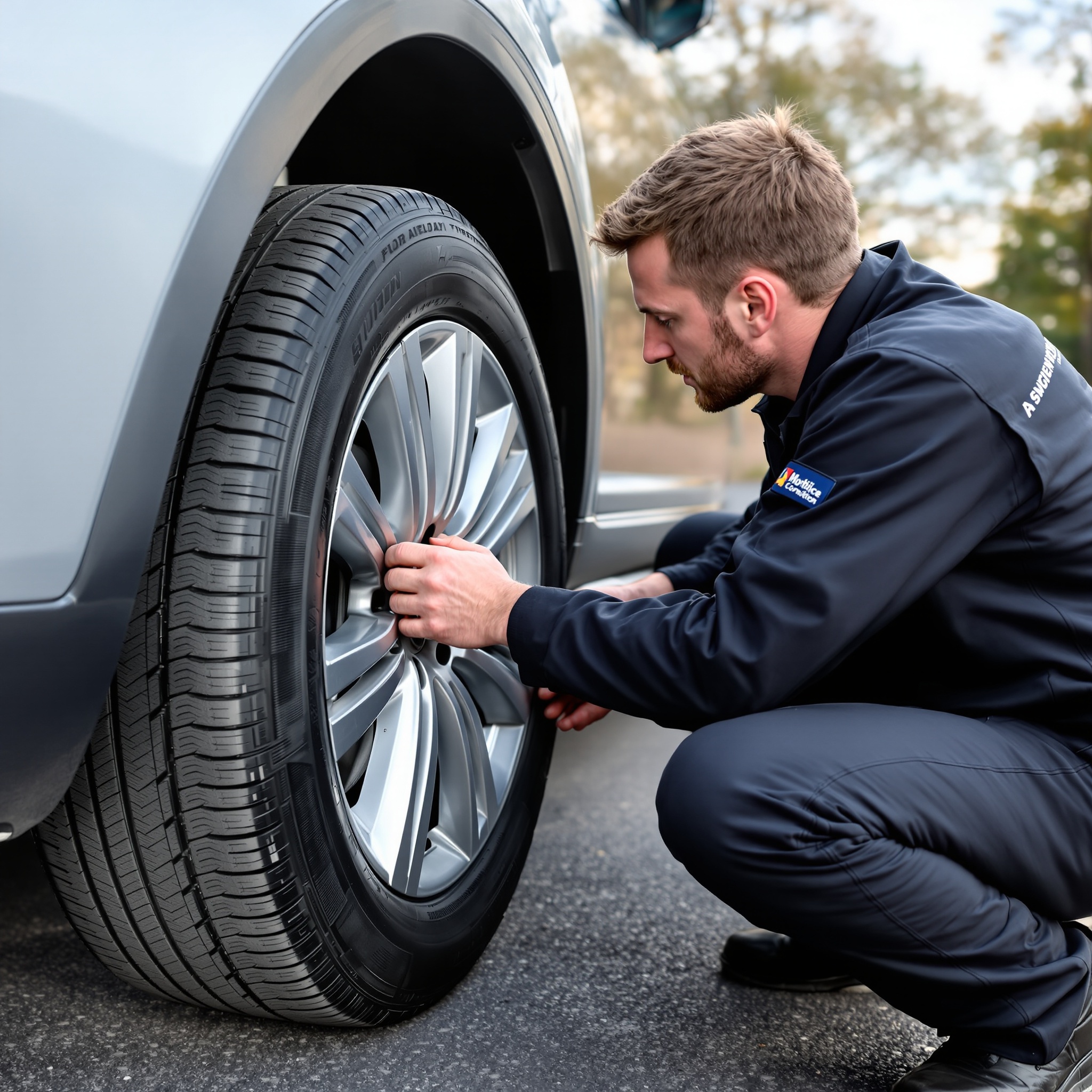 Tyre technician fitting a tyre