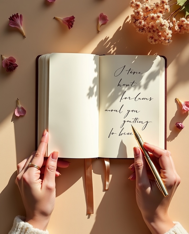 Elegant hands writing in a luxury leather-bound journal with gold fountain pen