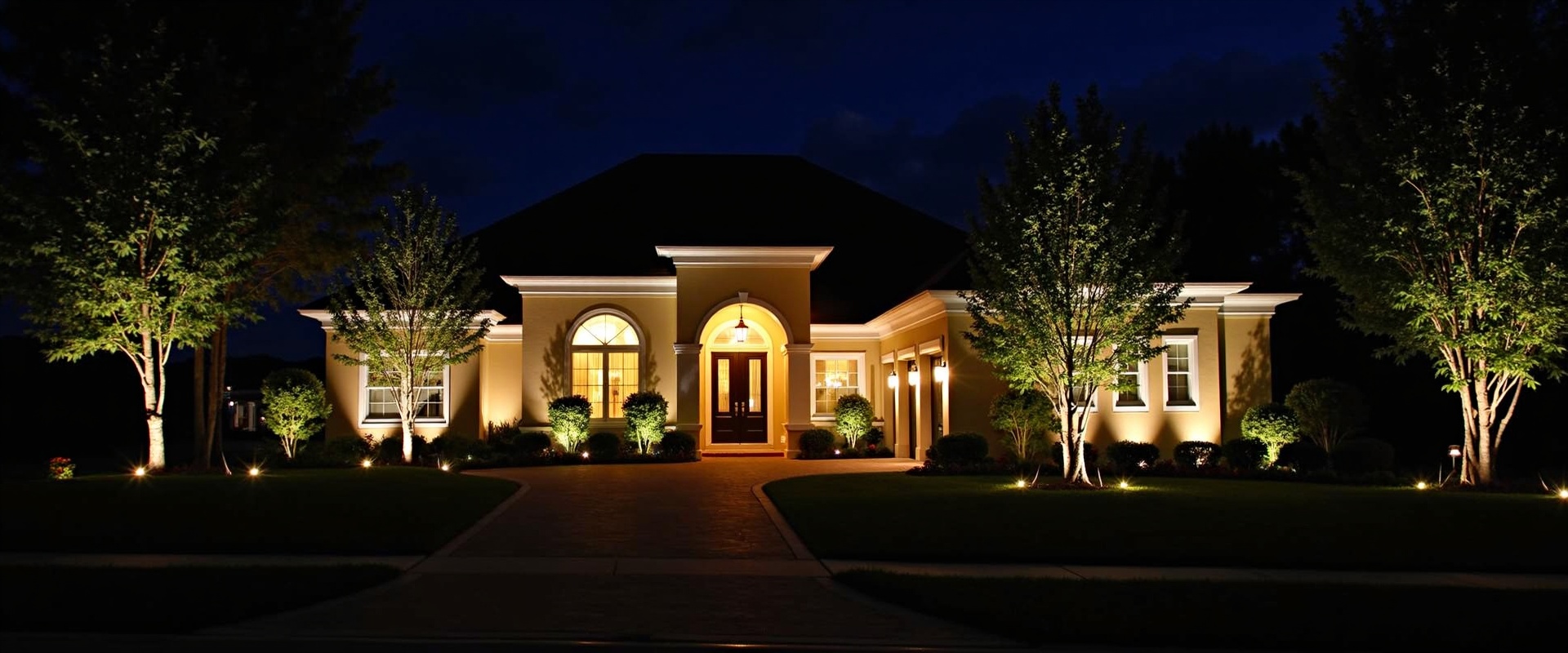 Stunning illuminated luxury Florida home exterior with dramatic low-voltage landscape lighting at night