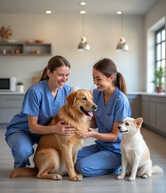 Happy pets with caretakers
