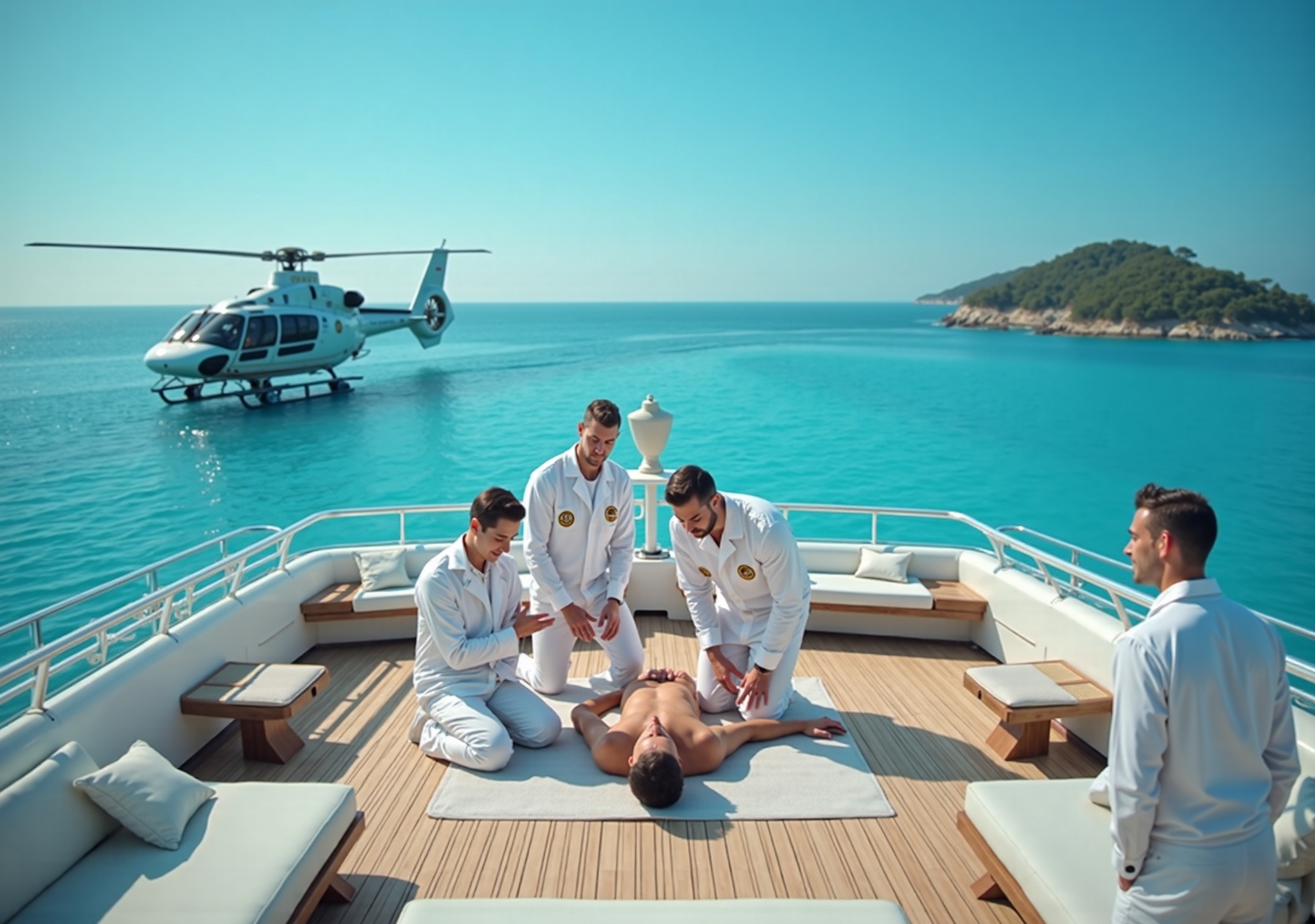 Ultra-High Resolution Mega Yacht Deck Medical Training - U First Doctors Elite Female Instructor Teaching CPR to Three Male Crew Members