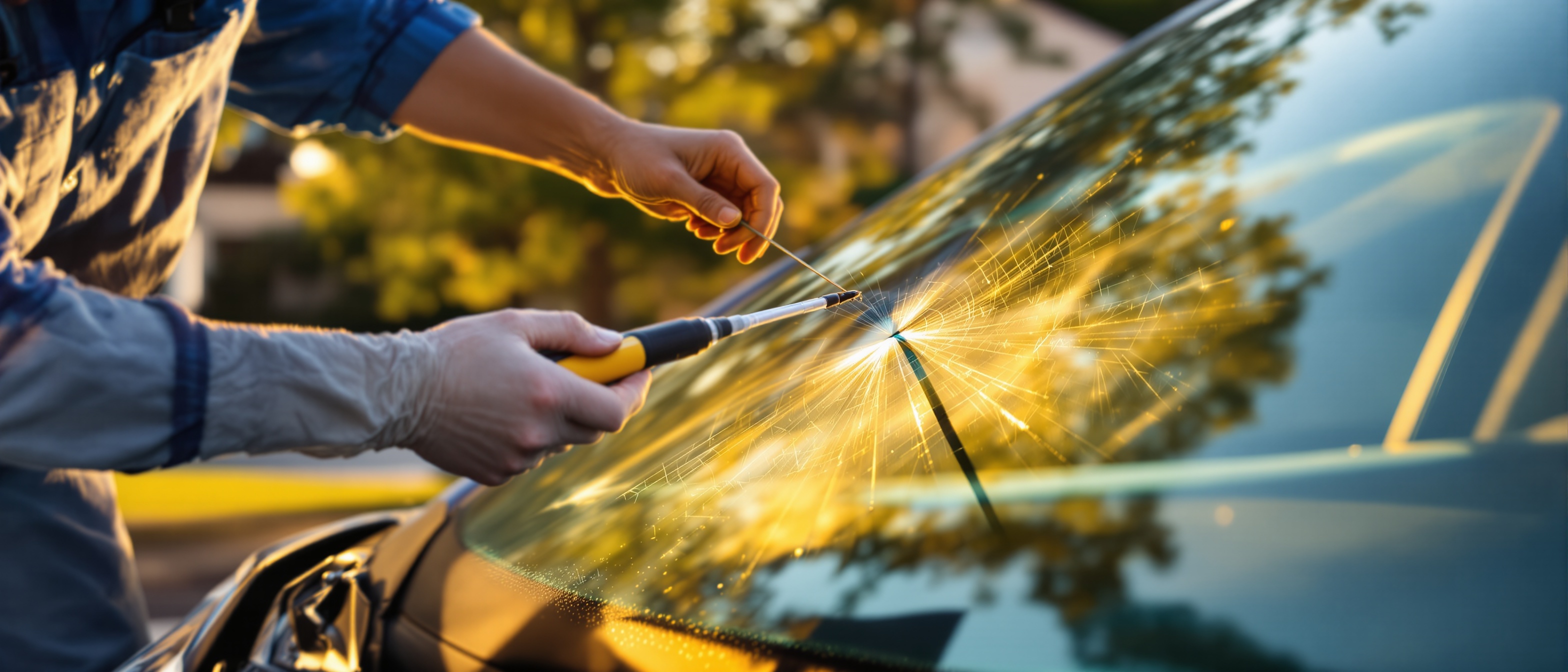 Mobile windshield repair technician at work in East Texas