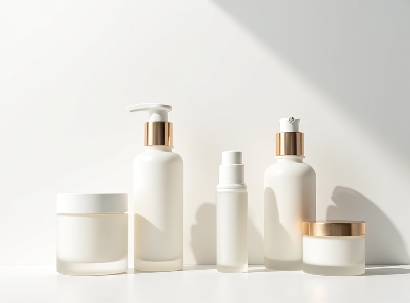 Elegant premium cosmetic packaging collection with frosted glass bottles airless pumps and minimalist jars