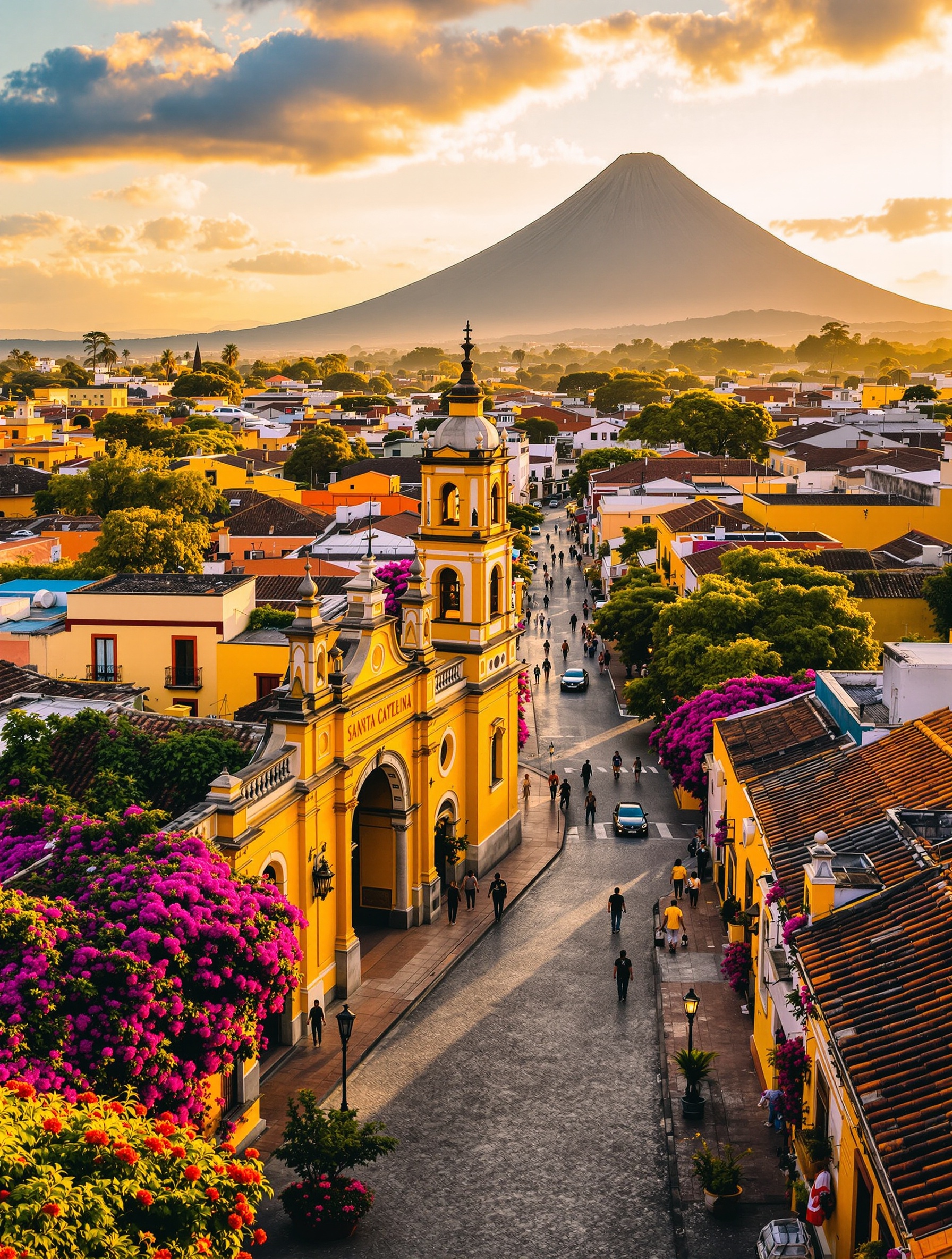 Antigua Guatemala colonial architecture with volcano