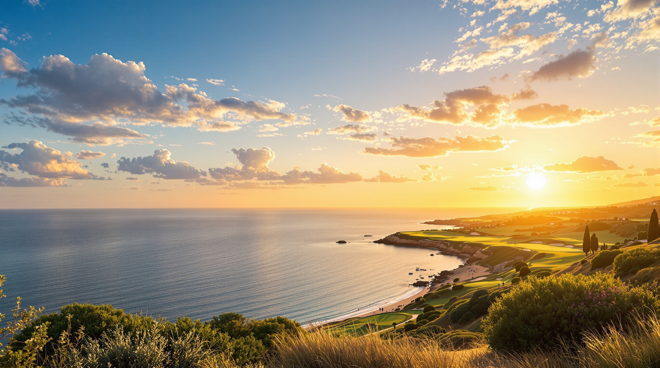 Verdura Resort Sicily Rocco Forte golf course aerial view Mediterranean coastline dramatic cliffs azure sea lush green fairways warm Sicilian golden afternoon light cinematic wide panoramic premium editorial golf photography luxury resort landscape