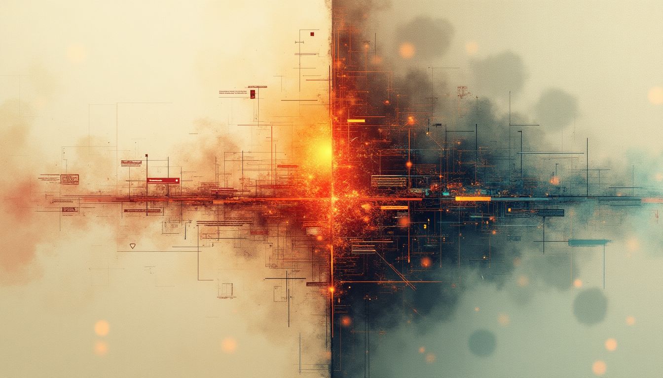 Split-screen concept art contrasting 2025 in sepia tones with 2026 in vibrant modern digital colors