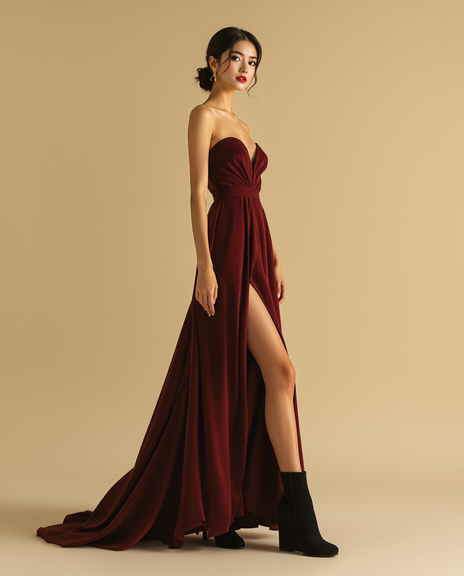 Woman wearing elegant height-increasing wedge boots
