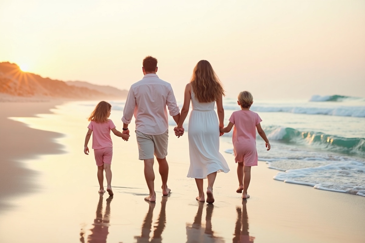 A loving family walking together along a peaceful beach at sunset with warm ocean light